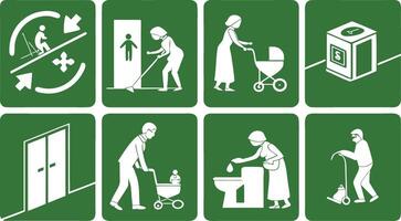 Eight white pictogram icons on green background showing activities and facilities vector
