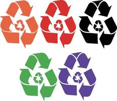 Five colorful recycling symbols in orange red black green and purple recycle reuse vector