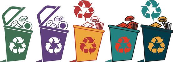 Five colorful recycling bins with recycling symbols and waste inside trash cans garbage vector