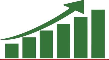 Green bar graph with upward trending arrow and red base line bar chart growth vector
