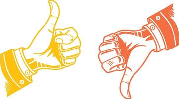 Yellow thumbs up and orange thumbs down hands with white outlines on white background vector