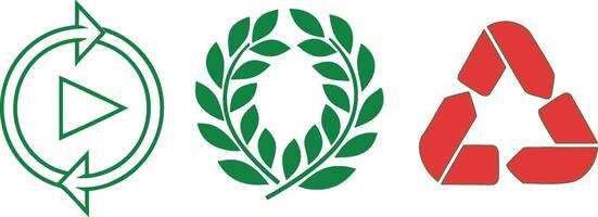 Green play button with arrows and red recycling symbol with laurel wreath media vector