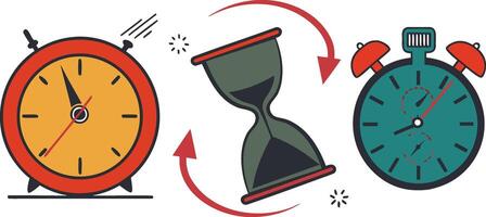 Red alarm clock hourglass and stopwatch with red arrows on white background time vector