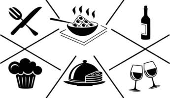 Black and white icons of food and drink items arranged in a geometric pattern cutlery vector