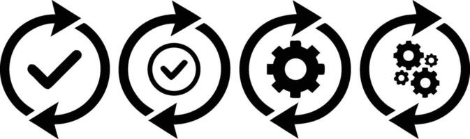 Four black circular process icons with checkmarks and gears on white background workflow vector