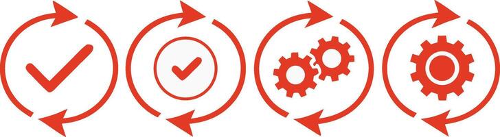 Four red circular arrow icons with checkmarks and gears on white background process vector