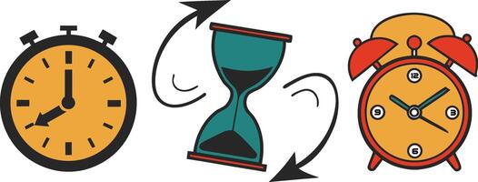 Stopwatch hourglass and alarm clock icons with circular arrows on white background vector