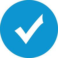 White check mark inside a bright blue circle graphic tick approval vector