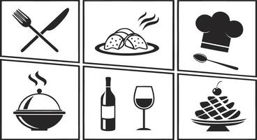 Six black and white graphic icons depicting food and dining elements fork knife vector