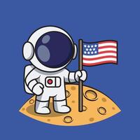Cartoon Astronaut Holding American Flag on Moon vector