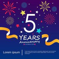 5th years anniversary celebration emblem logo isolated with ribbon, stars and fireworks sparkle twinkle. illustration template design for web, flyers, poster, invitation card, greeting card vector