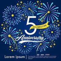 5th years anniversary celebration emblem. congratulations anniversary logo isolated with yellow ribbon and fireworks sparkle on blue background. illustration template design for web banner vector