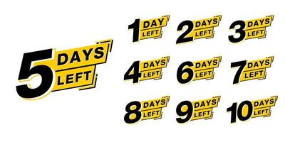Countdown days left banner. set of number 10-1 days to go badges. countdown icon isolated with yellow ribbon on white background. promotion sale offer deal timer. vector