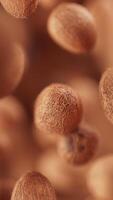 Animation of a group of coconuts. Many coconuts slowly rotate in the background in space. Vertical composition. Defocus. video