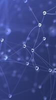 Abstract 3D network with dewdrop-like transparent nodes on blue background. Symbolizes connectivity, clarity, and digital communication video