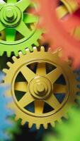 Colorful rotating gears in seamless loop animation. Bright 3D cogs in motion symbolize teamwork, mechanics, industry, and innovation. Perfect for tech, engineering, or process-themed content. video