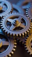 Looping animation of interlocking metal gears rotating. Ideal for mechanical, industrial, engineering, or technology-themed backgrounds and motion graphics. video