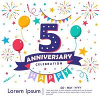5th years anniversary celebration emblem. congratulations anniversary logo isolated with balloons, bunting flag, ribbon, fireworks and stars. illustration template design vector