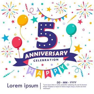 5th years anniversary celebration emblem. congratulations anniversary logo isolated with balloons, bunting flag, ribbon, fireworks and stars. illustration template design