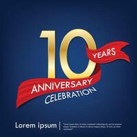 10th years anniversary celebration emblem. elegant golden anniversary logo isolated with red ribbon on dark blue background. template design for web, flyers, poster, greeting vector
