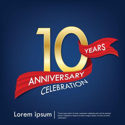10th years anniversary celebration emblem. elegant golden anniversary logo isolated with red ribbon on dark blue background. template design for web, flyers, poster, greeting