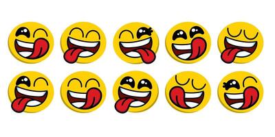 Set of smiling emoji icon. happy yellow character isolated cartoons symbol. funny yummy face with mouth and tongue vector