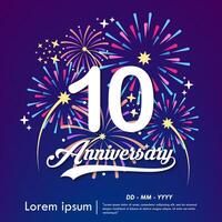 10th years anniversary celebration emblem. Happy anniversary logo with fireworks, sparkle, twinkle and stars. illustration template for web, flyers, poster, invitation card, greeting card vector