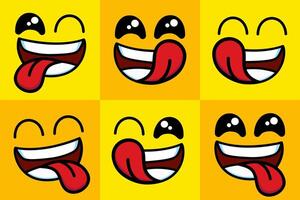 Set of smiling emoji icon. happy yellow character isolated cartoons symbol. funny yummy face with mouth and tongue gourmet enjoying taste and hungry vector