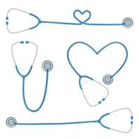 A premium set of four clean, flat style outline icons featuring a stethoscope in different configurations Classic angled design, Straight horizontal tubing, Tubing shaped as a heart, Heart shaped vector