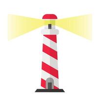 A red and white lighthouse with a light shining from it vector