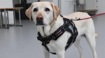 Dog in Harness Undergoing Mobility Training After Surgery in Minimal Background Setting photo