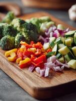 Chopped Vegetables on a Wooden Cutting Board Ready for Meal Preparation in a Modern Kitchen Setting photo