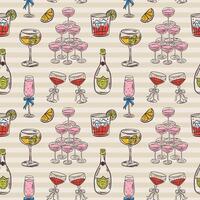 Cold drink hand drawn drinks, cocktails seamless pattern in trendy whimsical style. Perfect background for quirky italian wedding holiday, poster cards, dinner and bar menu, fabric, wrapping paper. vector