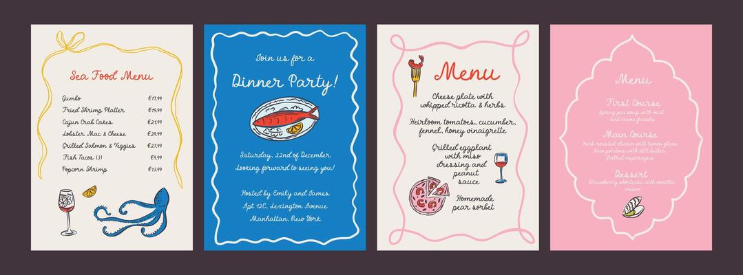 Bright hand drawn sea food poster and menu template in trendy whimsical style. Perfect doodle for quirky italian dinner restaurant and cafe, kitchen wall art, poster, party, birthday, sign
