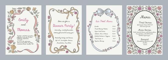 Collection spring whimsical hand-drawn pink blue orange green color frames with flowers and bows in trendy, vintage styles. Perfect for quirky holiday, wedding, birthday gift decorations vector
