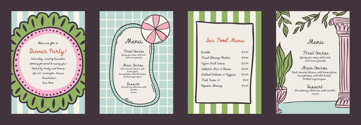 Romantic summer exotic vacation whimsical hand-drawn frames with palm and sea, bow aesthetic in trendy, vintage styles. Perfect for quirky holiday, wedding, birthday gift decorations