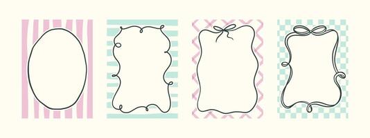 Outline whimsical hand-drawn pink blue orange green color frames with wavy stripes and line in trendy, vintage styles. Perfect for quirky holiday, wedding, birthday gift decorations. vector