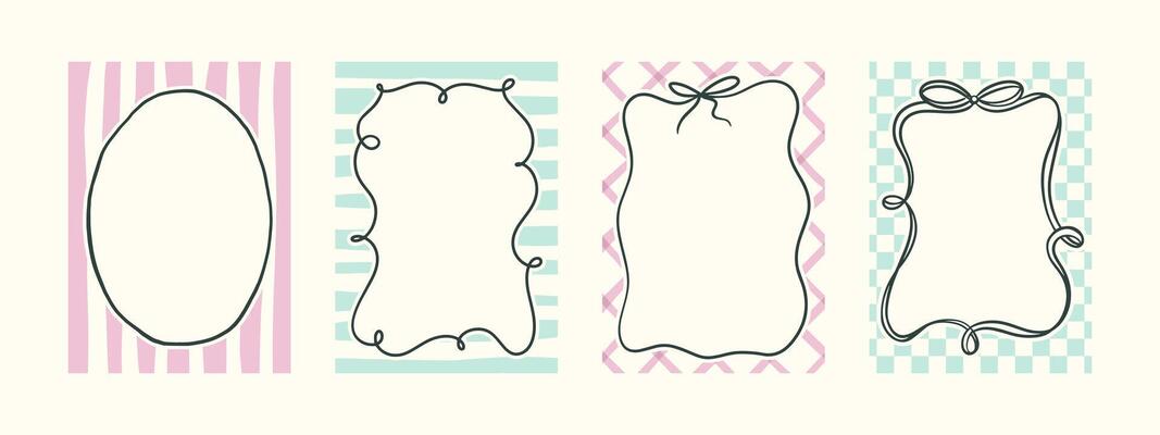 Outline whimsical hand-drawn pink blue orange green color frames with wavy stripes and line in trendy, vintage styles. Perfect for quirky holiday, wedding, birthday gift decorations.
