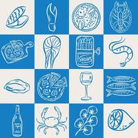 Square hand drawn sea food seamless pattern in trendy whimsical style. Perfect background for quirky italian wedding holiday, poster cards, dinner and bar menu, fabric, wrapping paper vector