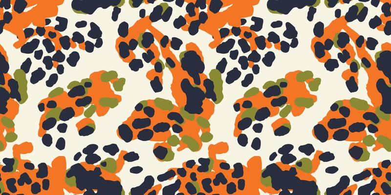 Horizontal animal skin and fur print seamless pattern with nature whimsical shapes, spots, dots and lines with textures. Vibrant jungle boho print. Modern exotic collage geometric illustration