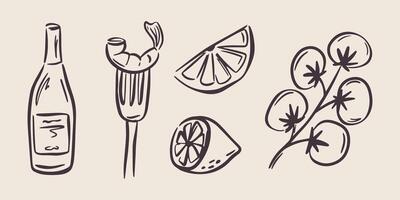 Black hand drawn sea food illustrations in trendy whimsical style. Perfect doodle for quirky italian wedding holiday, poster, dinner and bar menu, bachelorette party, birthday invitation, sign vector