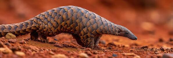 Indian Pangolin Walks Across Reddish Soil in a Natural Habitat With Minimal Background, Highlighting Its Unique Scales and Form photo