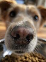 Dog Snout Reaches Food Bowl in Cozy Indoor Setting With Soft Background Blur photo