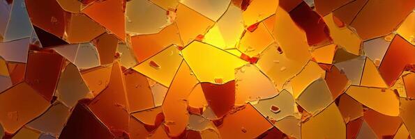 Abstract Broken Glass Composition Featuring a Warm Color Palette of Orange, Amber, and Gold Tones Reflecting Light in Intriguing Patterns photo