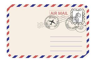 Air mail envelope with striped borde stamp and mark. Retro Vintage postage card. Blank template with stamp. Airmail frame vector
