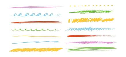 Crayon underline set, pencil wavy and straight chalk kid free hand brush texture. Scribble grunge border simple thin and thick lines. Doodle mark. vector