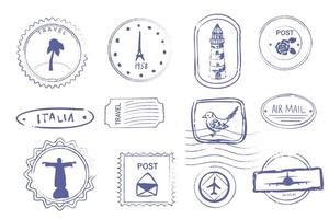Stamp grunge retro postage seal postmark with plane, doodle vintage decoration for scrapbook. Air mail tourism travel postcard. vector
