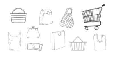 Shopping cart empty trolley doodle, supermarket basket, bag, net shopper simple line. Craft bag, trade icon set sketch grocery shopping. vector