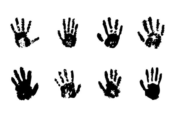 Handprint paint ink hand stain trace. Hand shape with fingers silhouette, stamp. Set grunge imprints, human fingers and palm