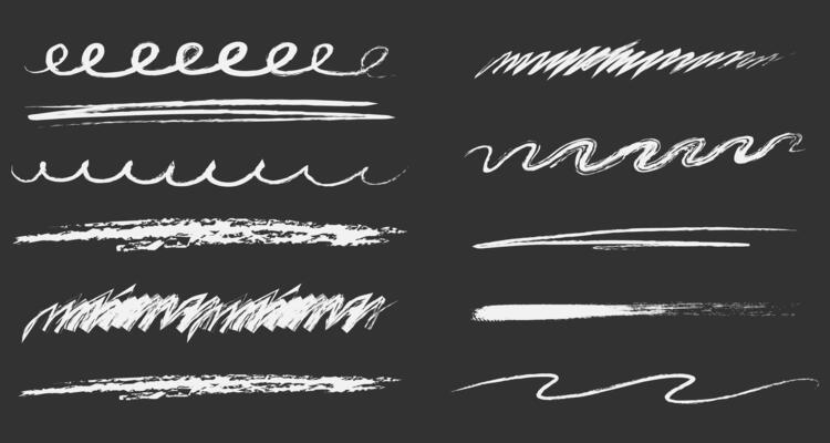 Chalk underline on blackboard line stroke, scribble hand drawn sketch texture. Doodle white crayon on black background. School marks, grunge set border free hand design elements